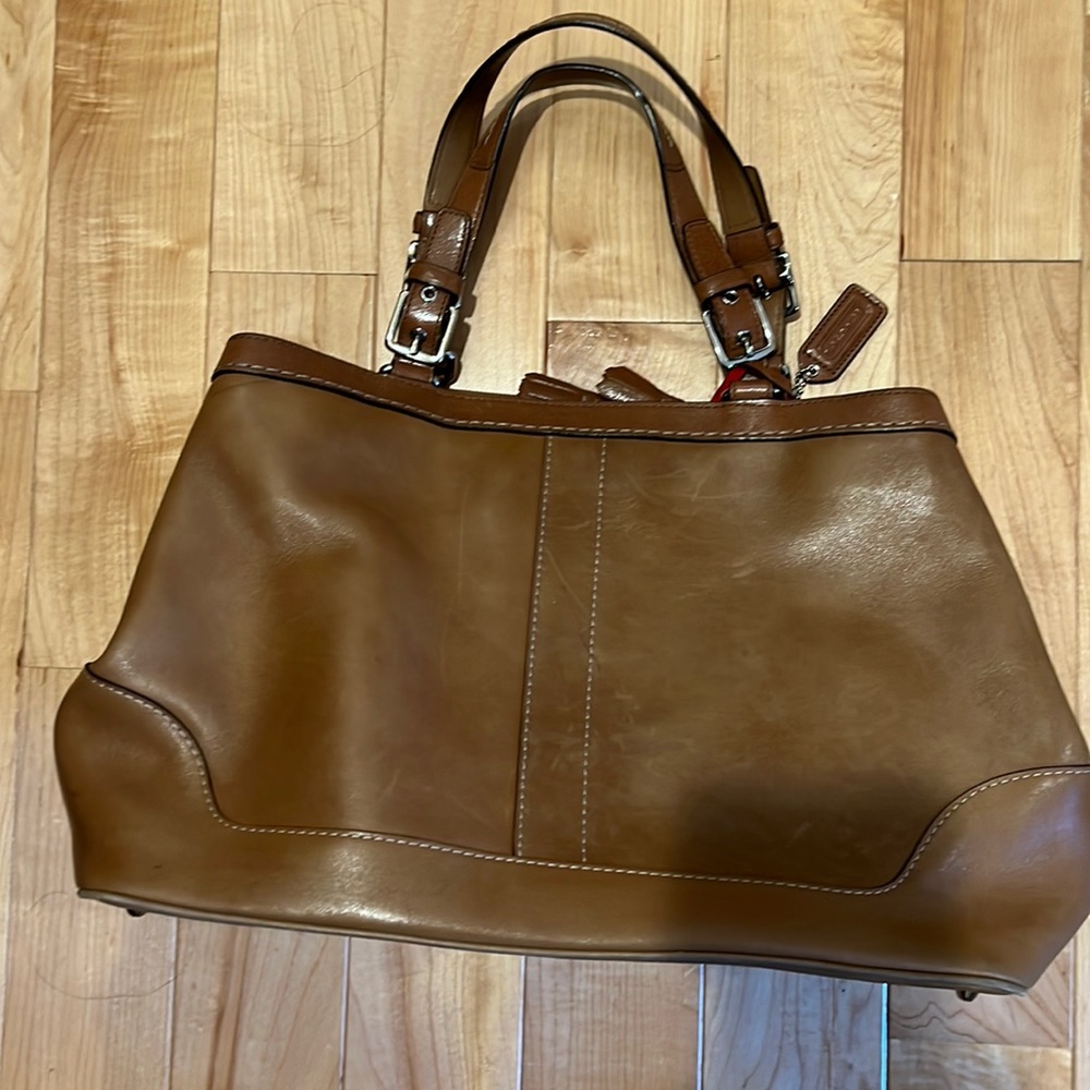 Coach tan double handle bag red lining